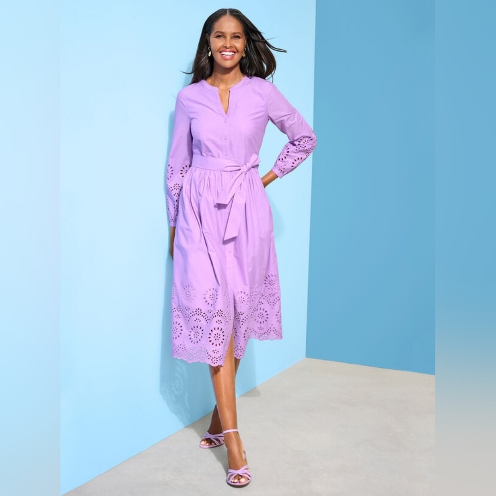 Talbots Wisteria Purple Eyelet Fit & Flare Cotton Midi Shirtdress - 6P NWOT